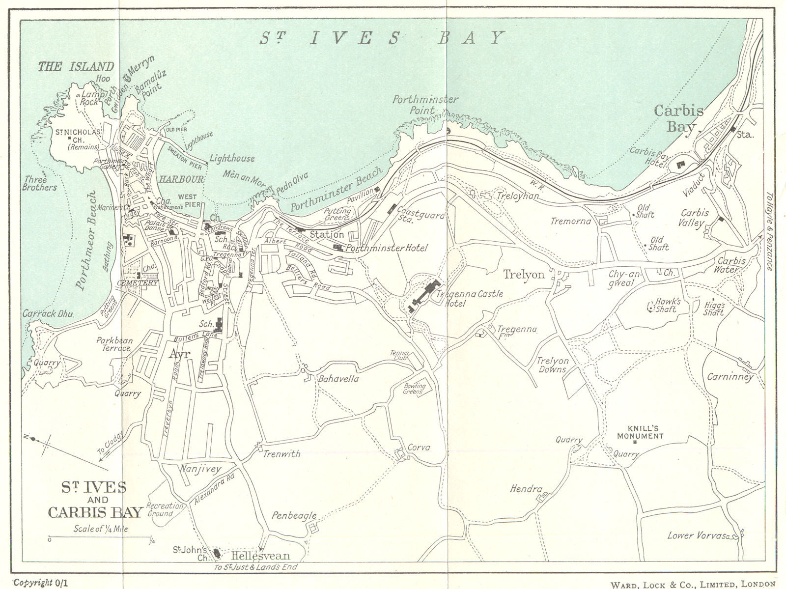 ST. IVES AND CARBIS BAY vintage town/city plan. Cornwall. WARD LOCK 1952 map